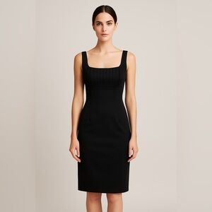 Black Cocktail Sheath Dress Square Neck Pleated Bodice Italian 42 8 Classic LBD